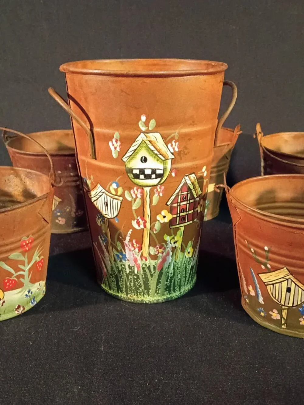 Set of 6 Rustic Hand Painted Metal Garden Buckets Birdhouse Planters Decor